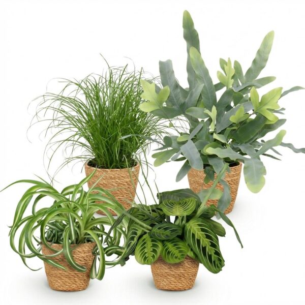 ce11cdce3e8849c9b50707bca1d1a9be5227888a25d7402f8f0ad51b8b2bedb6.jpg Chlorophytum - Cyperus - Phlebodium - Marantha - 4er-Mix - Haustierfreundliche Pflanzen - Grün - 4 Pflanzen - mit Korb