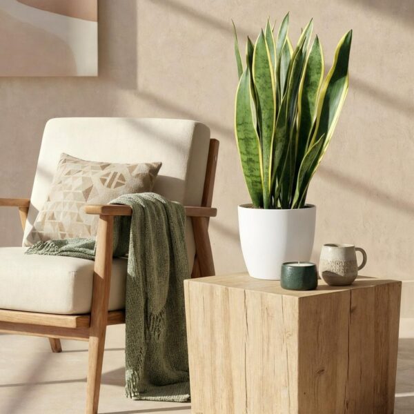 086e3f013f4f4f4b939b837bac8966016211a489b0734f95b02f361a06bd7a4e.jpg Sansevieria Laurentii - Weibliche Zunge - Pflegeleicht - Grün - mit Potter White