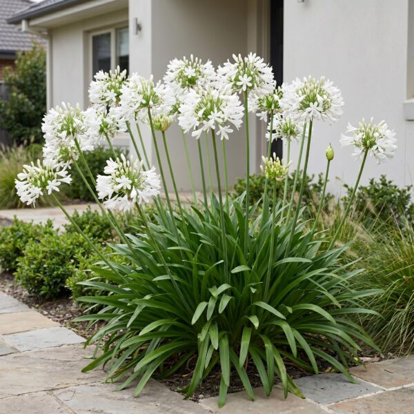 edcde88ac9034a0a980cca2b1f169765e81ae66351e7492698d30f1329aa1e50.jpg Agapanthus africanus Albus – Afrikanische Lilie – Bienen- und Schmetterlingsmagnet – Weiß – 6 Pflanzen