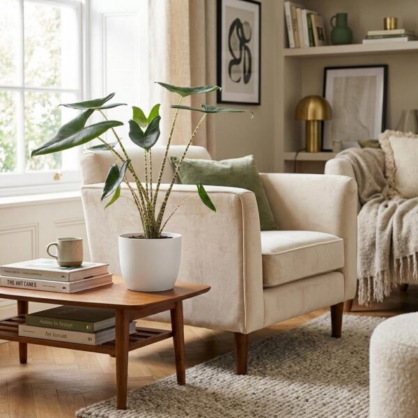 242049f975914e48a7a4e19862c85e053f6bda6ff9454224aab33d38f2c6b2bd.jpg Elefantenohr - Alocasia Zebrina - Grün - Pflegeleicht - mit Potter White