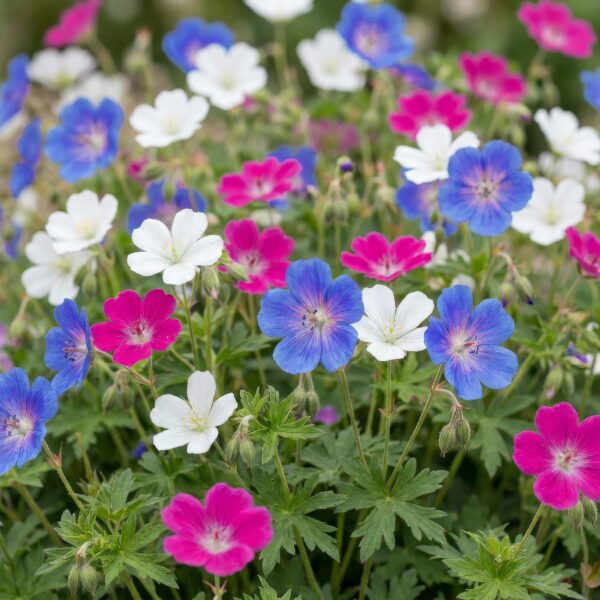 6361d77c3f5b49d4b76387aa72e0bd2c9a38334e33d244839c98f1f1a8ffb154.jpg Geranium Tricolour – Storchschnabel – Bodendecker – Violett – Rosa – Weiß – 12 Pflanzen