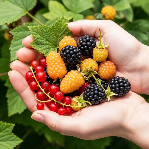 5ffff2efb84a4d7287c6268b1e3121cc6035d57e58214740b4d105347001b78a.jpg Ribes-Rubes Mix - dreifarbig - winterhart - rote Beere - schwarze Brombeere - gelbe Himbeere - 3 Pflanzen