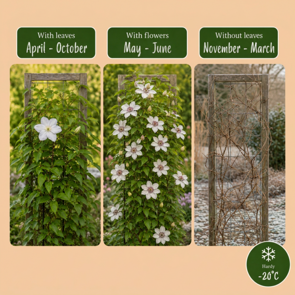 d145864ae0a744fe8958bb020ee341d3f5f9d14ac96446c38dbcccf5174b37bd.png Clematis Miss Bateman – Waldrebe – Weiß – Kletterpflanze | 4 Stück