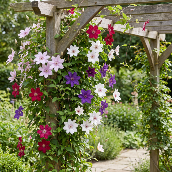 803bc28a1663494bb5cd46838deac858ec18dbfd0d194d79b0b4519850373d14.png Clematis Rainbow – Waldrebe – Violett – Rot – Rosa – Weiß – Kletterpflanze | 8 Stück