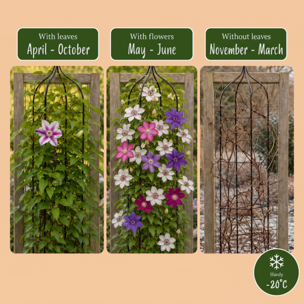 b8654306d5f94ea58e71bcb5f0b94a1a89a9f38f4b7b4cc2bcc748def2c703a0.png Clematis Rainbow – Waldrebe – Violett – Rot – Rosa – Weiß – Kletterpflanze | 8 Stück