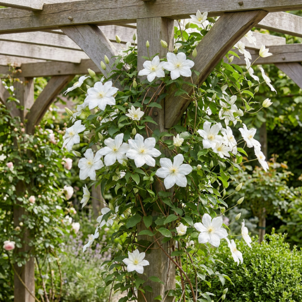 Clematis Jackmanii Huldine – Waldrebe – Weiß – Kletterpflanze | 4 Stück