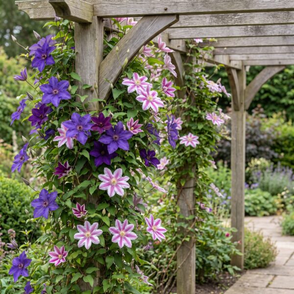 917fc9631a9b49888229161fb94d58f2ccf696eec4864c438d735f986f56f1b1.jpg Clematis Duo Purple & Pink – Waldrebe – Lila – Rosa – Weiß – Kletterpflanze | 6 Stück